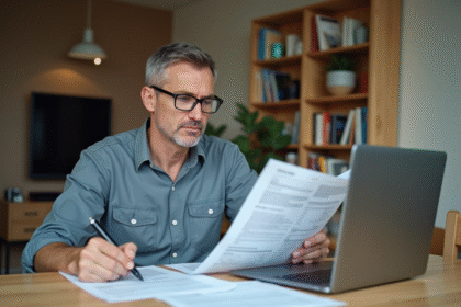 Homme d'âge moyen examinant des documents d'impôts à la maison