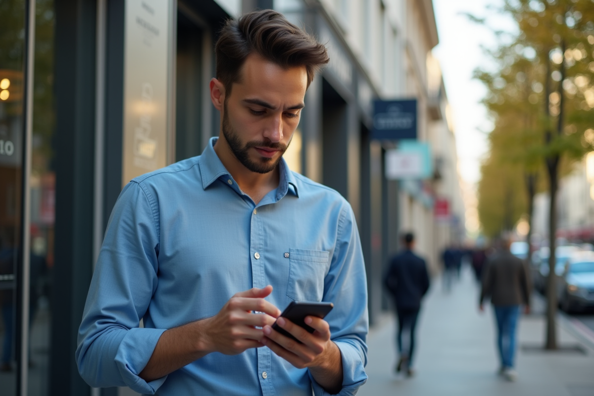 Jeune entrepreneur français vérifiant son smartphone dans la ville