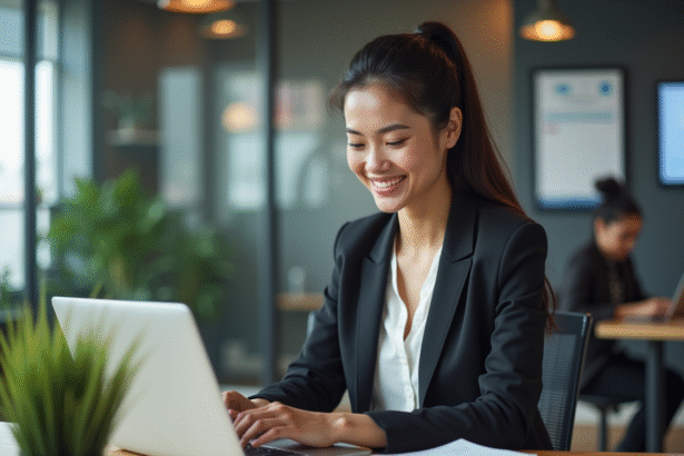 Jeune femme professionnelle souriante travaillant sur un ordinateur dans un bureau moderne