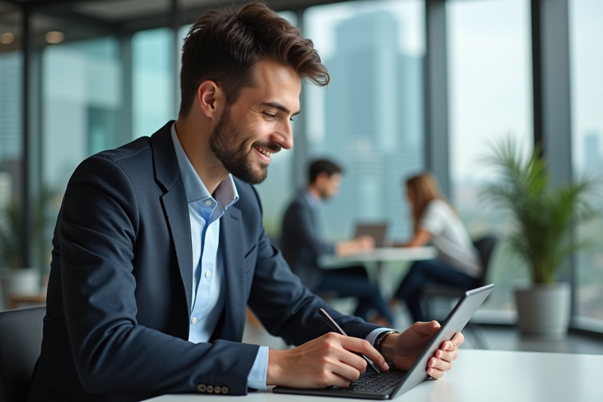 Jeune homme prenant des notes sur tablette dans un espace de coworking