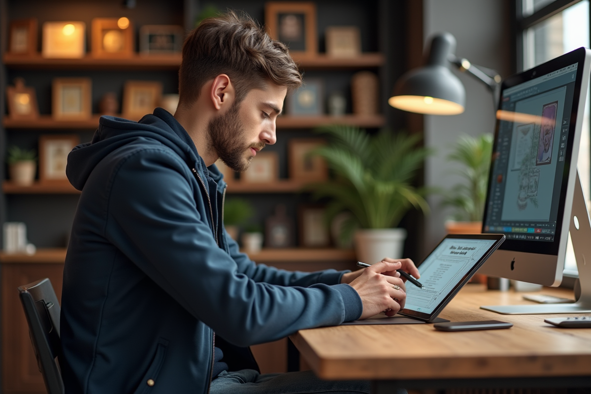 Jeune homme concevant une plaque funéraire sur tablette