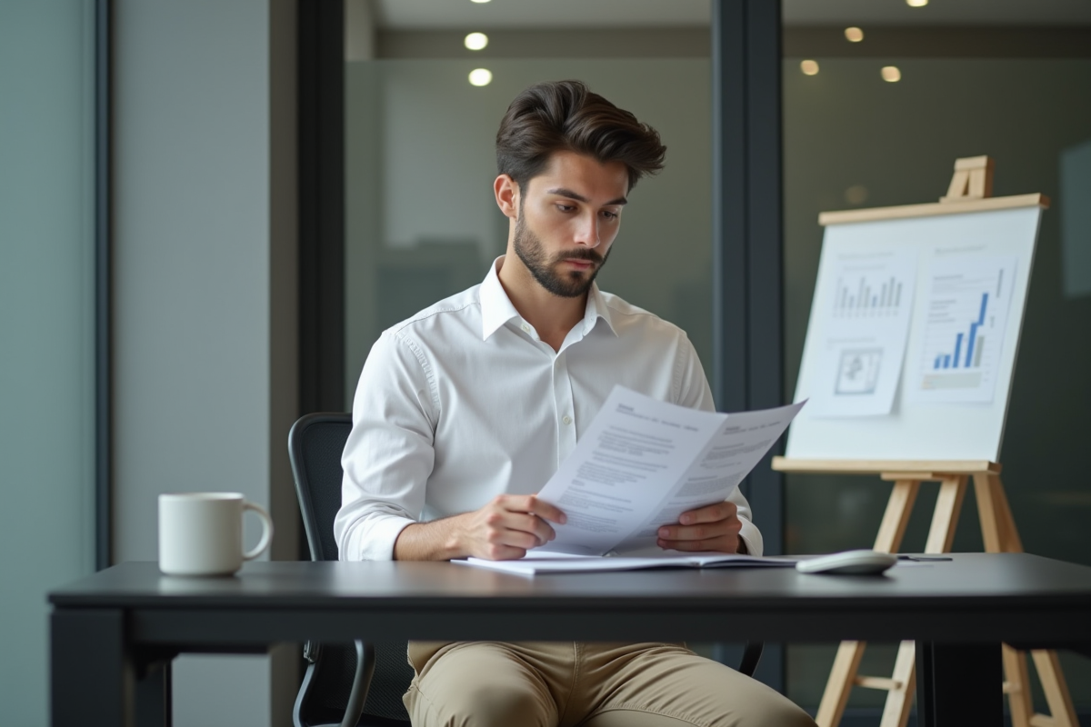 Jeune homme lisant un rapport dans un espace de coworking