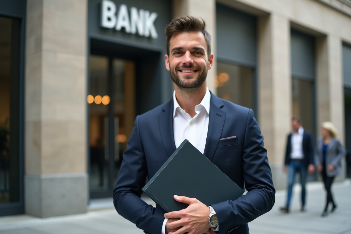 Jeune homme souriant près d une banque en milieu urbain
