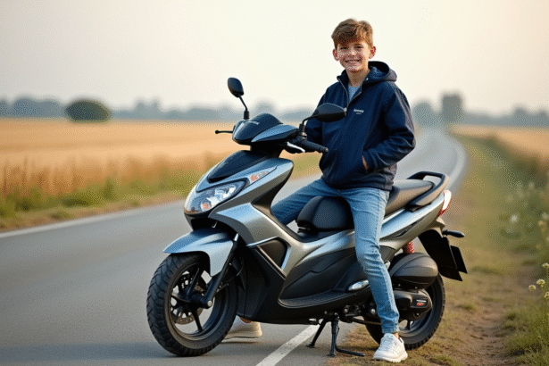 Jeune garçon sur moto 50cc en campagne