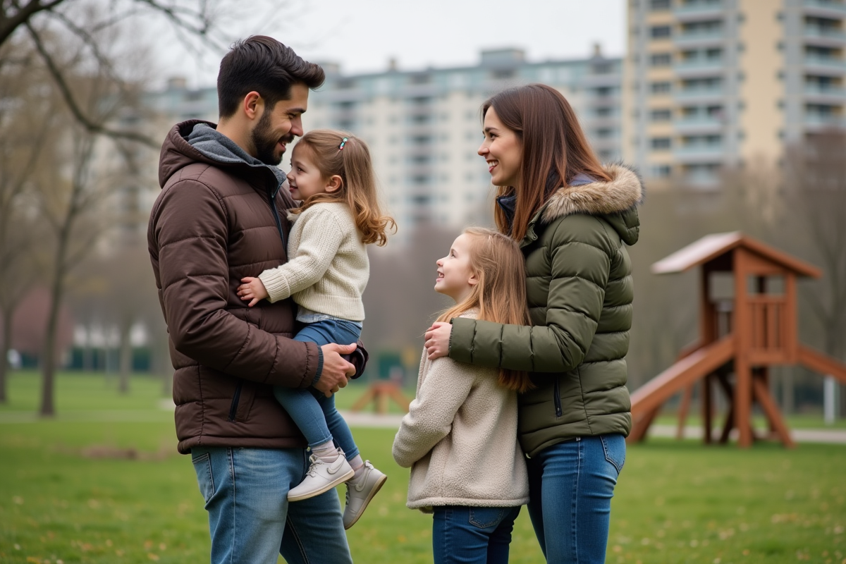 Parents et enfants dans un parc de ville en famille recomposée