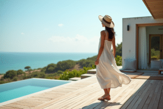 Femme élégante sur terrasse avec vue mer panoramique