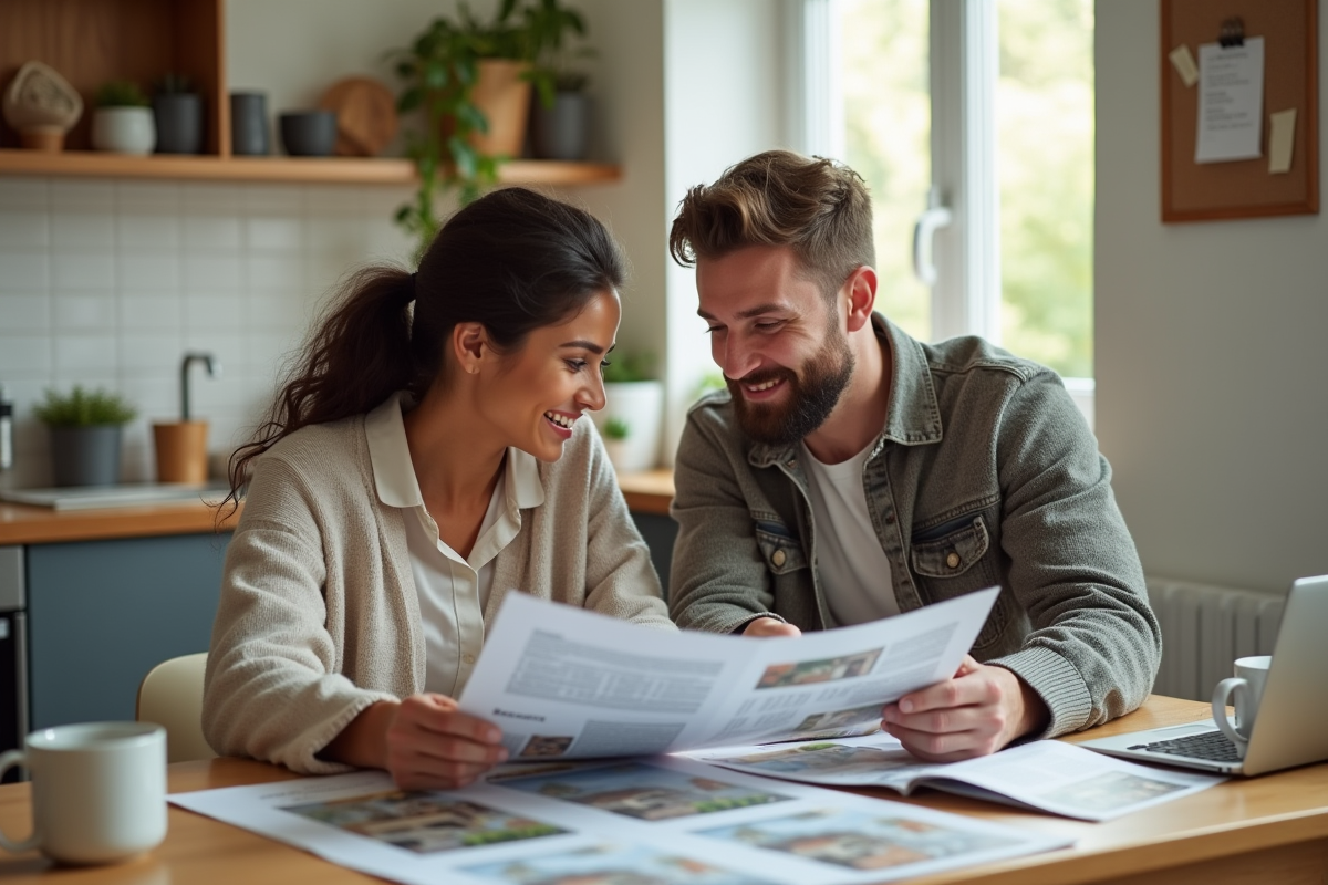 Couple discutant de brochures immobilières à la maison