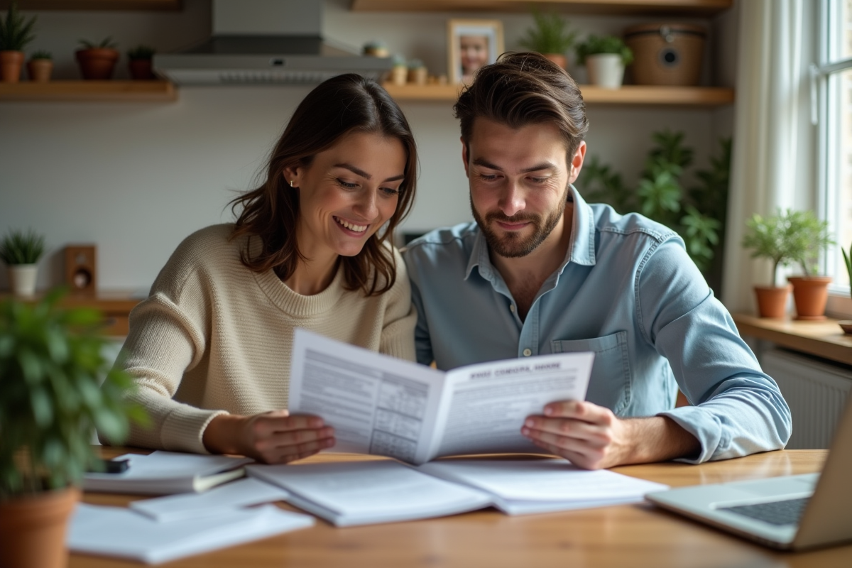 Jeune couple examine brochures de taux immobilier à la maison