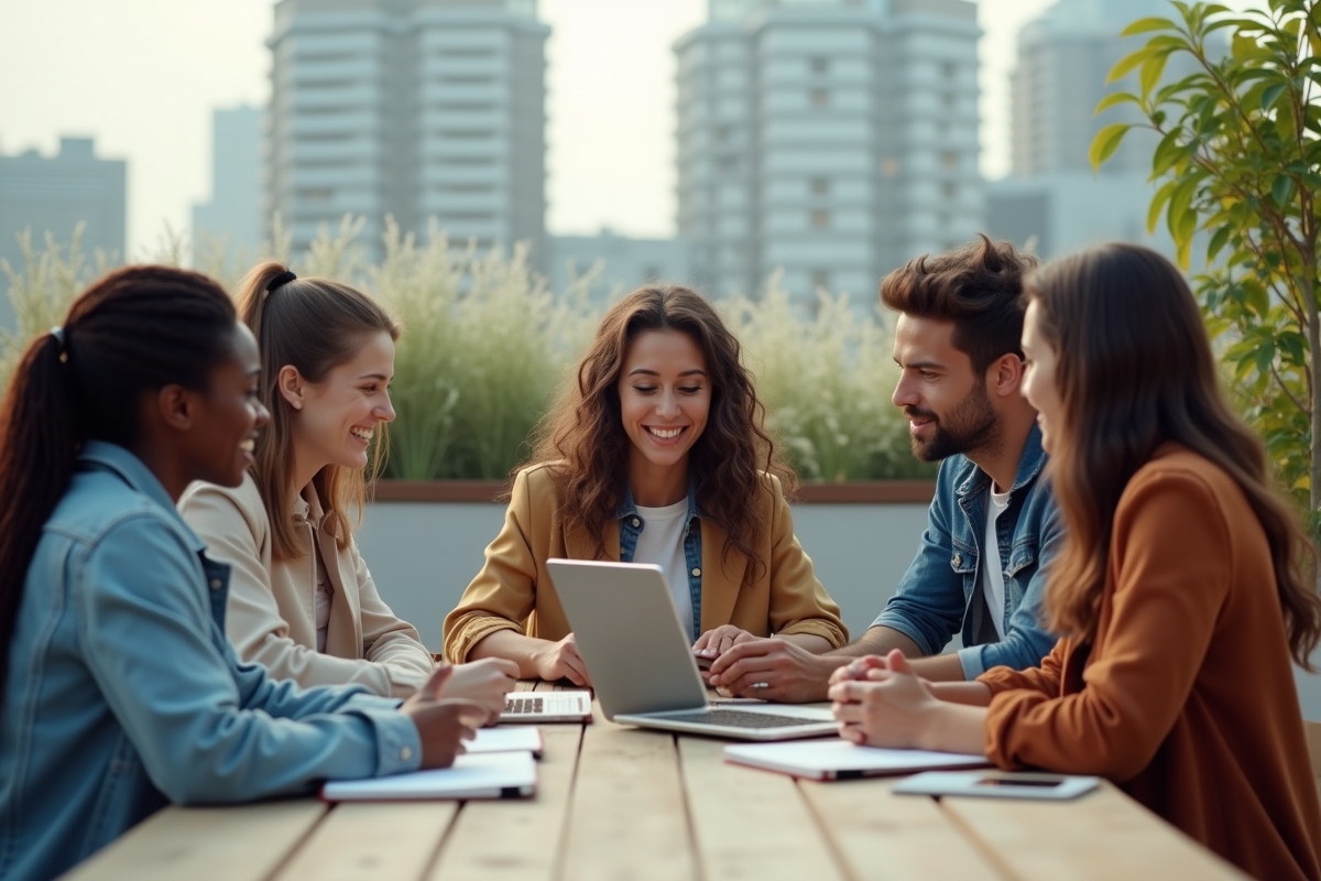 Groupe de jeunes créatifs en brainstorming en extérieur