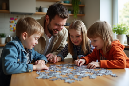 Famille de quatre assemble un puzzle à la maison