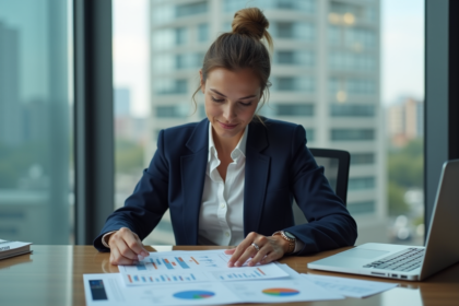 Femme d affaires en costume navy dans un bureau moderne