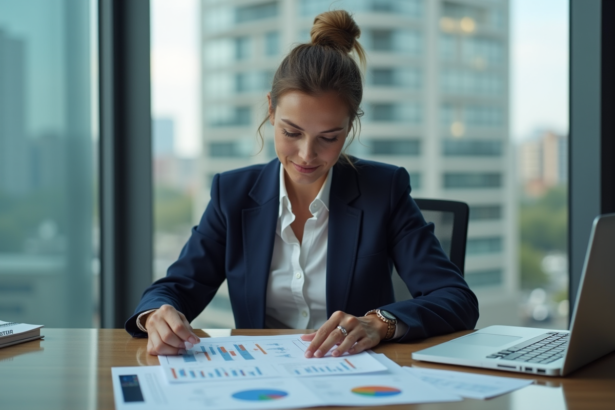 Femme d affaires en costume navy dans un bureau moderne