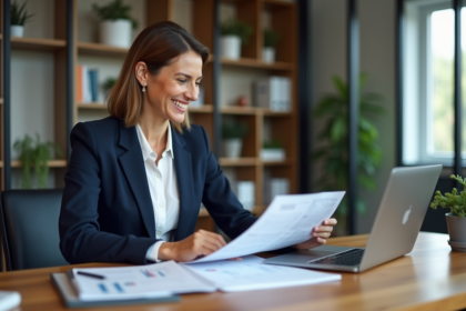 Femme d'affaires souriante examinant des documents immobiliers