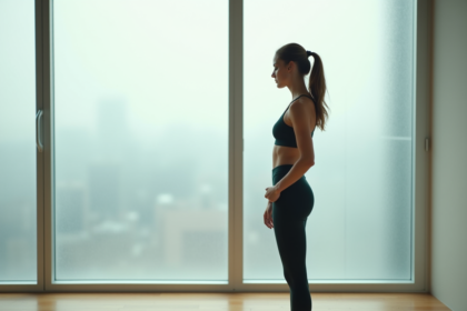 Jeune femme en tenue de sport devant une fenêtre urbaine