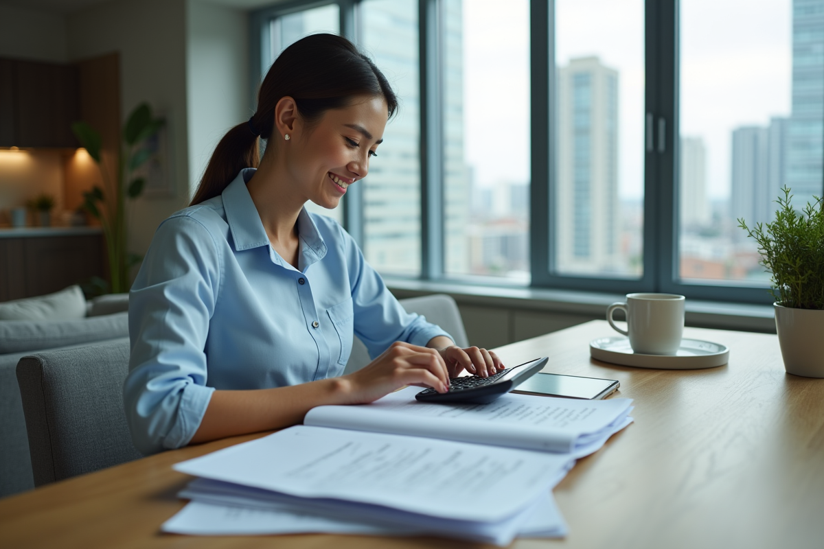 Jeune femme souriante utilise calculatrice et contrats