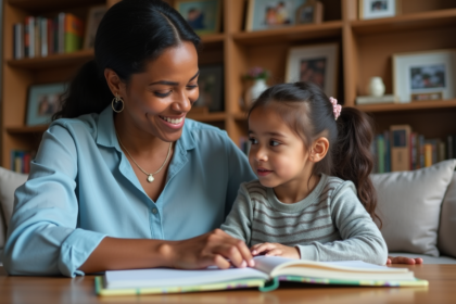 Femme et jeune fille regardant un cahier coloré dans un salon chaleureux