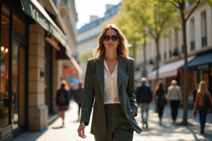Femme élégante en blazer dans une rue parisienne