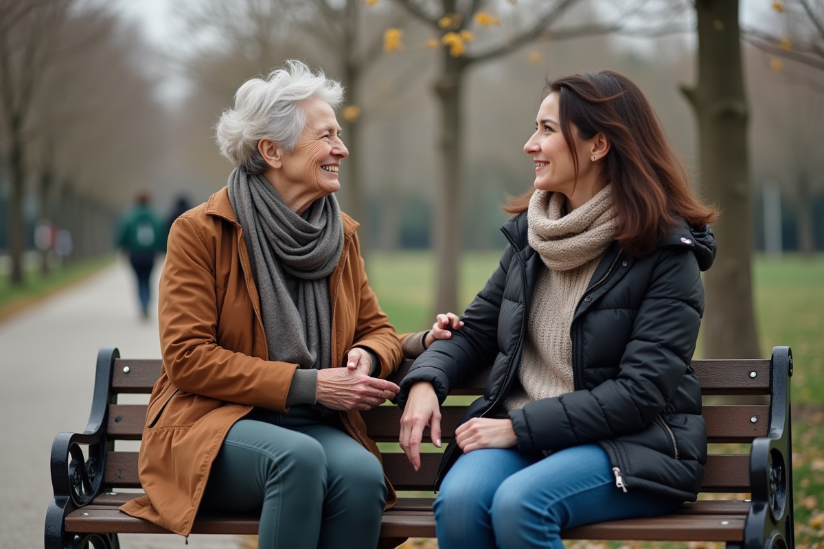 Femme âgée soutenant une jeune mère dans un parc urbain