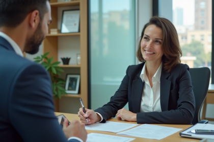 Femme en blazer discutant avec conseiller bancaire pour un prêt immobilier