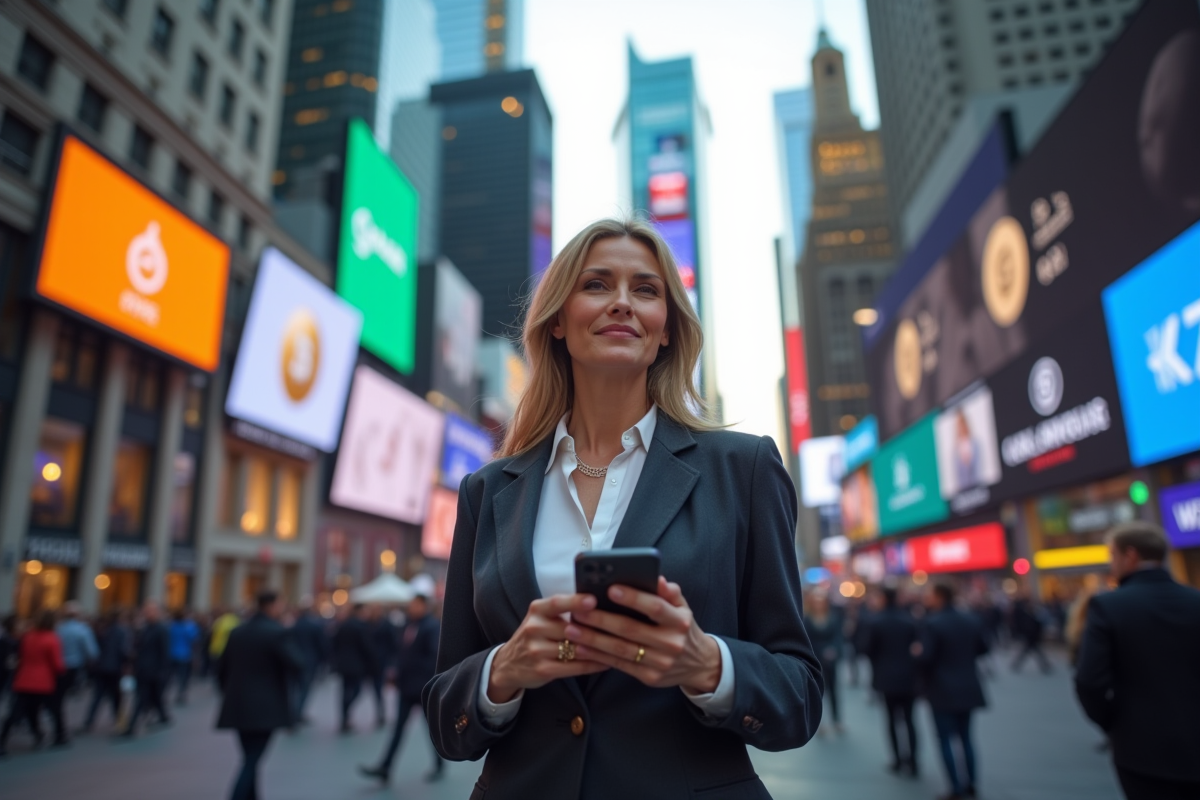 Femme d affaires regardant les prix crypto en ville