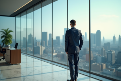 Homme d'affaires en costume bleu regardant la ville