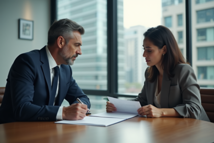 Homme en costume navy lors d'une réunion immobiliere