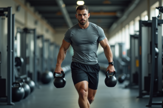 Homme musclé en action lors d'un farmer walk en salle