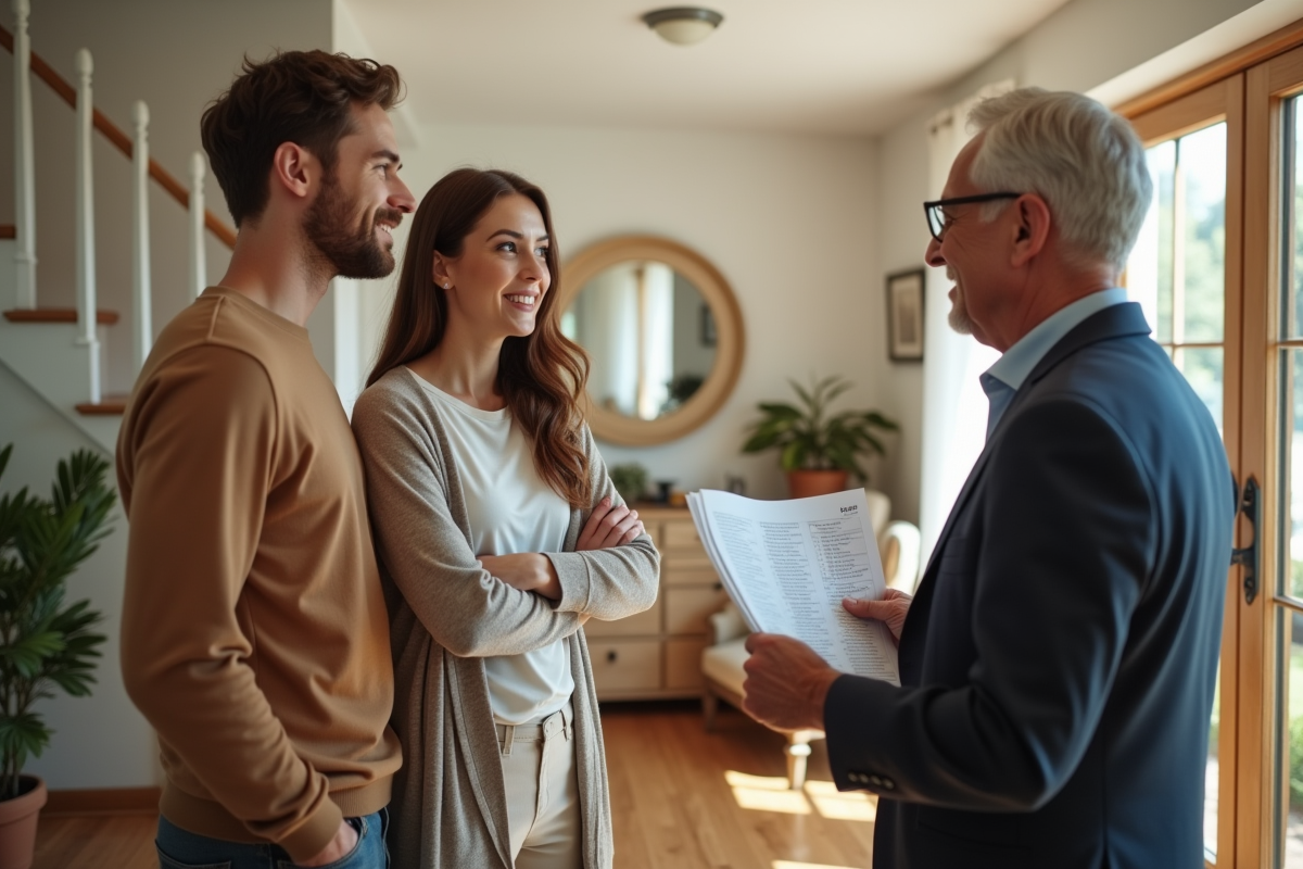 Jeune couple discutant avec un agent immobilier dans une maison