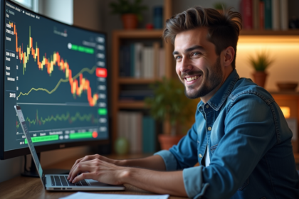 Jeune homme confiant devant un ordinateur avec graphiques crypto