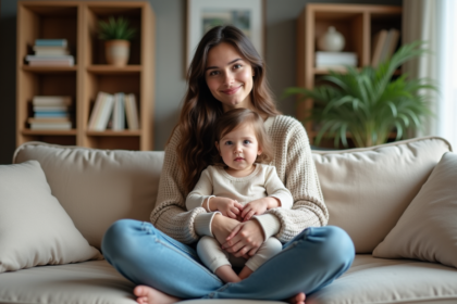 Maman et sa fille dans un salon chaleureux et cosy