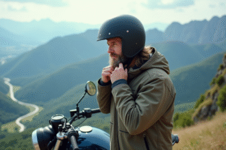 Motard avec casque et moto en montagne panoramique