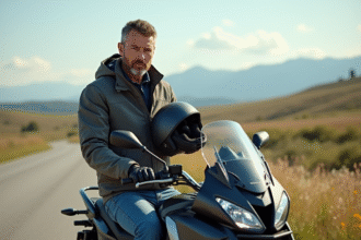 Motard homme d'âge moyen prépare son casque sur une route panoramique