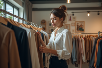 Jeune styliste mode ajustant une veste dans un studio dynamique