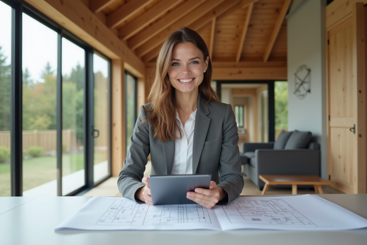 Jeune architecte tenant des plans numériques dans une maison prefab