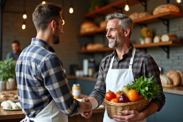 Boulanger artisan serrant la main d'une fournisseuse souriante