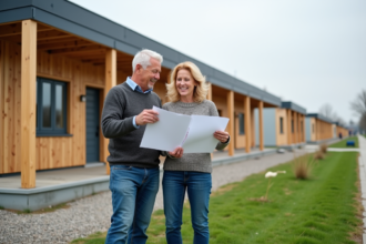 Couple regardant un contrat devant une maison prefab moderne