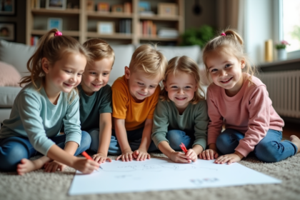 Groupe d'enfants souriants travaillant sur un dessin dans un salon chaleureux