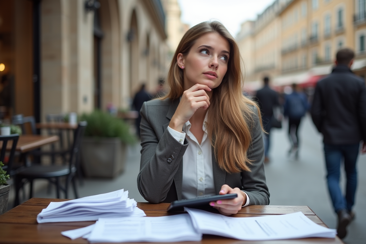 Jeune femme pensante dans un café en ville avec reçus