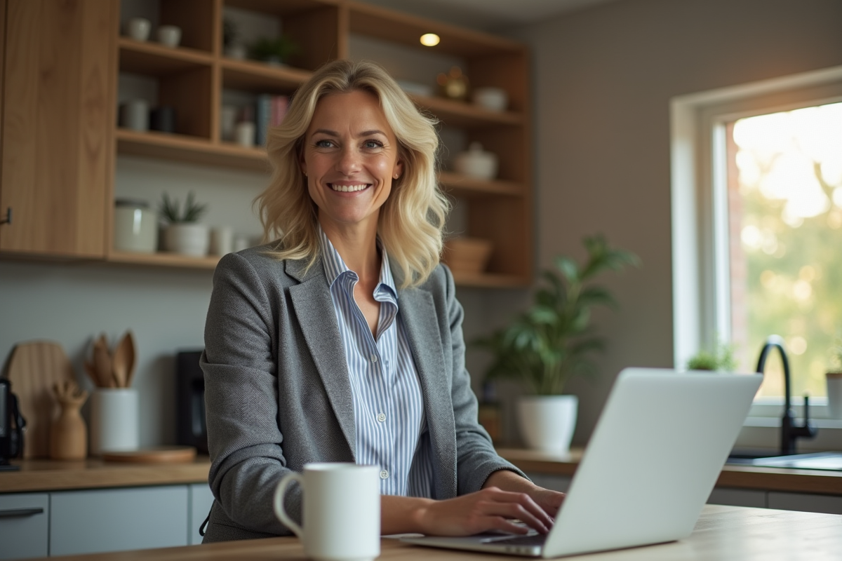 Femme souriante travaillant sur un laptop à la maison