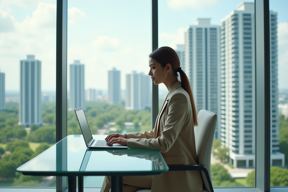 Jeune femme dans un bureau moderne avec vue sur la ville