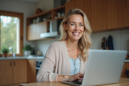 Femme assise à la maison en train de lister son logement sur un ordinateur