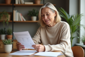Femme d'âge moyen consulte ses documents d'épargne à la maison