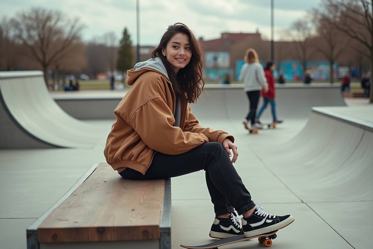 Femme souriante dans un skate park urbain