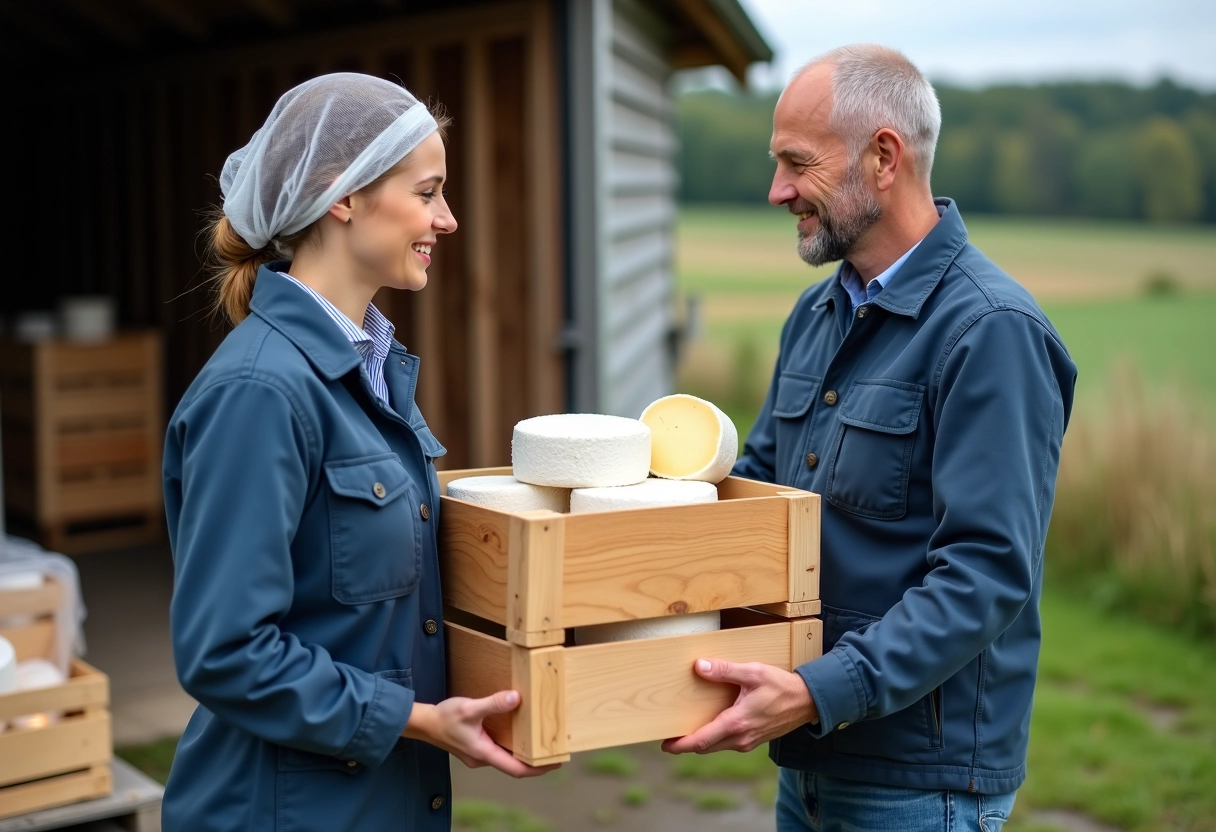Jeune fromagère inspectant des fromages artisanaux en extérieur