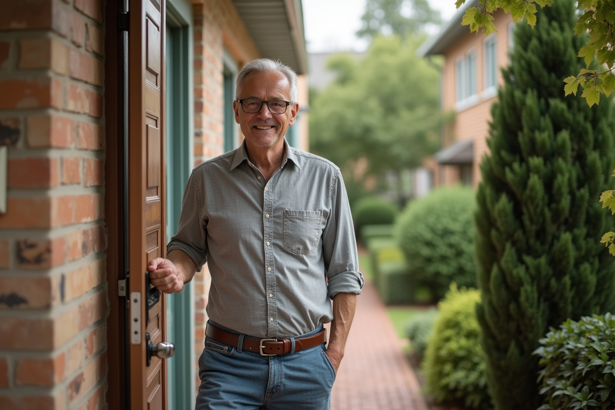 Homme accueillant des locataires devant sa maison en extérieur