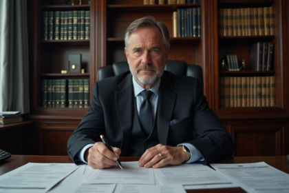 Homme d'affaires en costume sombre avec documents fiscaux