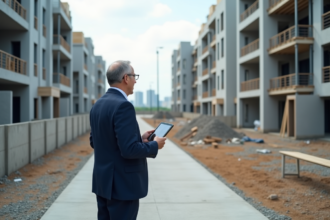 Homme en costume regardant un chantier urbain en construction