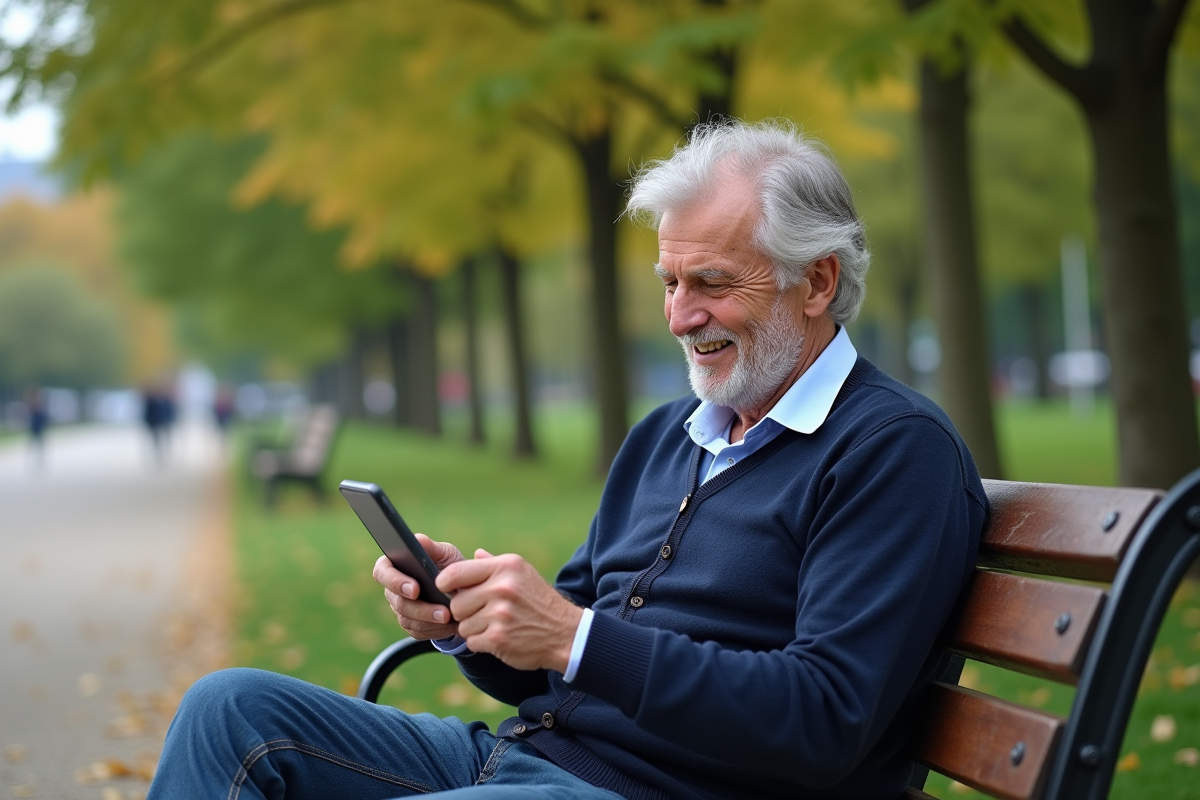 Homme âgé utilise son smartphone dans un parc tranquille