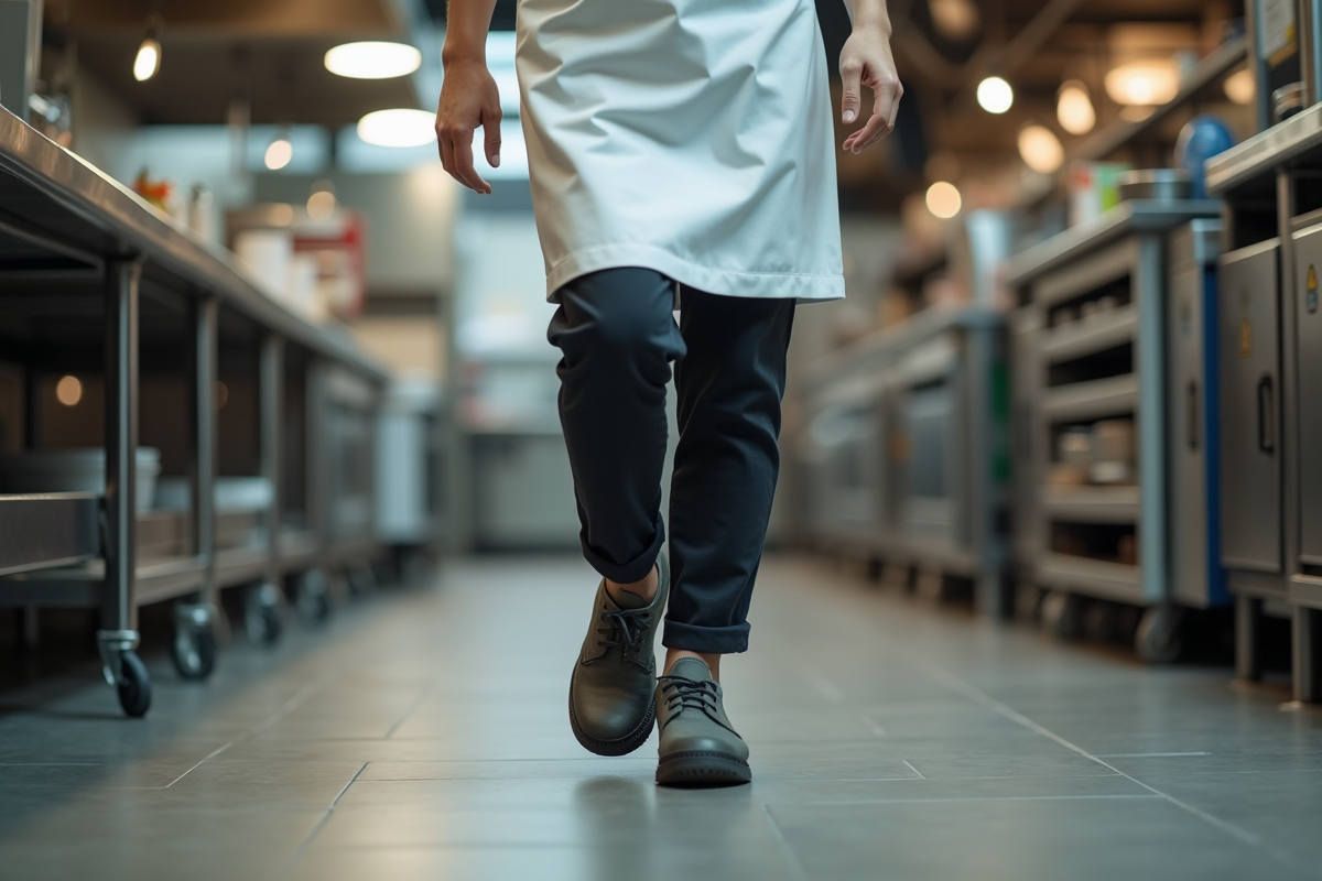Jeune femme en chaussures de sécurité dans la cuisine moderne