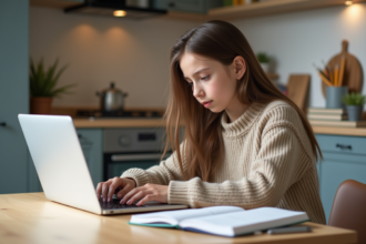 Jeune fille concentrée sur son ordinateur portable à la maison